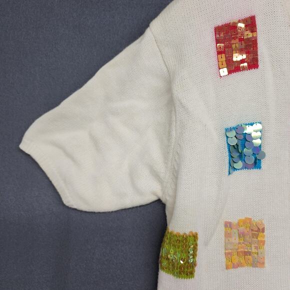 Terazzo Cardigan Sweater Womens Large White Short Sleeve V Neck Sequin Patchwork - Picture 8 of 16